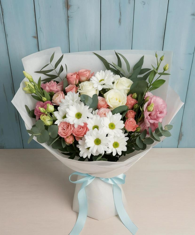 Букет цветов из: Розы, Лизиантусы и Хризантемы в Кара-Тюбе