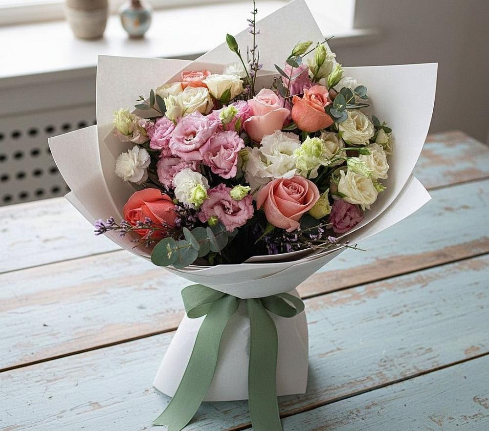 Букет цветов из: Розы, Лизиантусы и Гвоздики в Кара-Тюбе