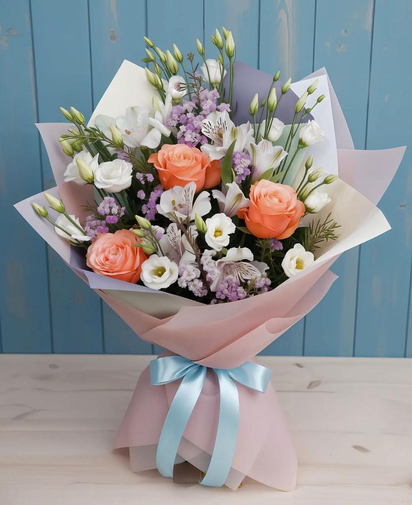 Букет цветов из: Лизиантусы, Розы, Альстромерии и Гипсофила в Кара-Тюбе