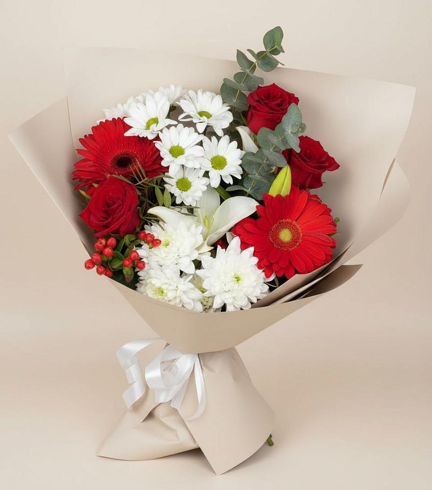 Букет цветов из: Розы, Хризантемы, Герберы и Лилии в Кара-Тюбе